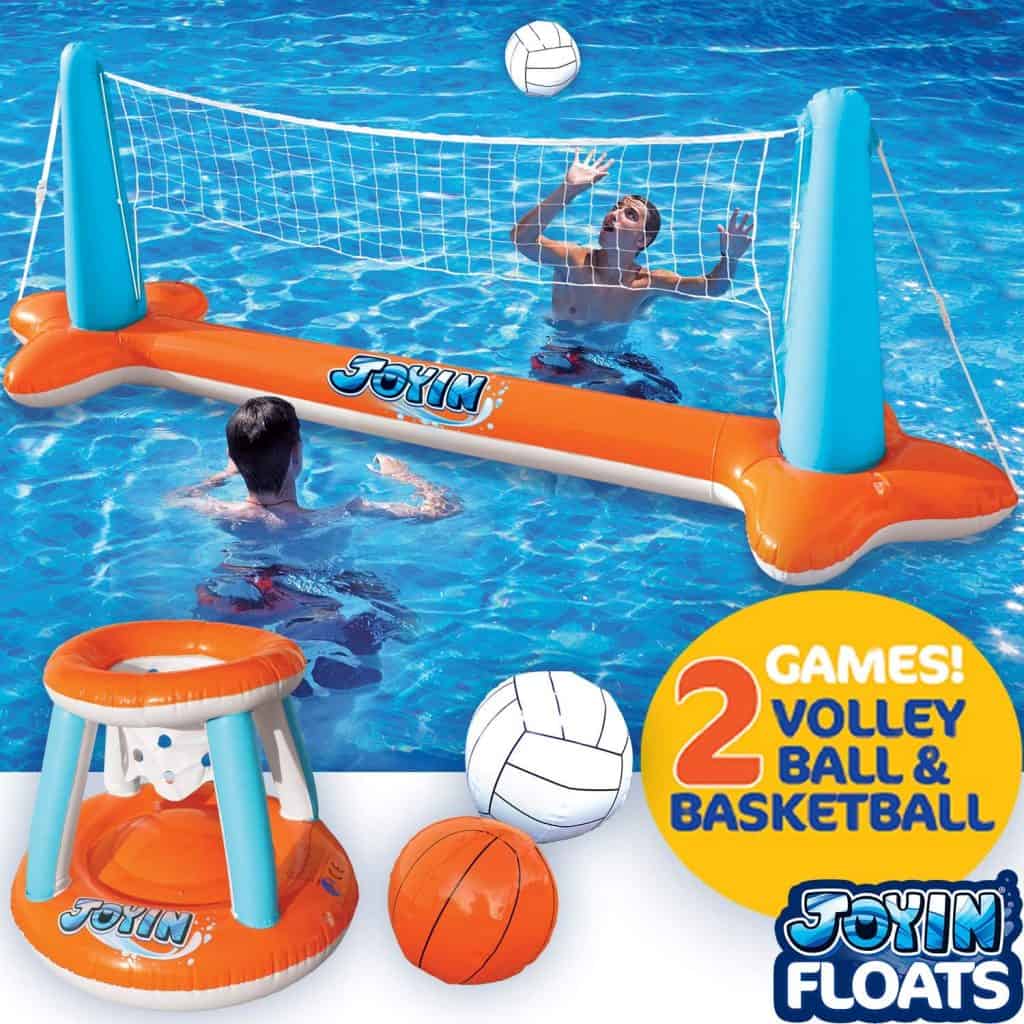 Inflatable Pool Float Set Volleyball Net & Basketball Hoops
